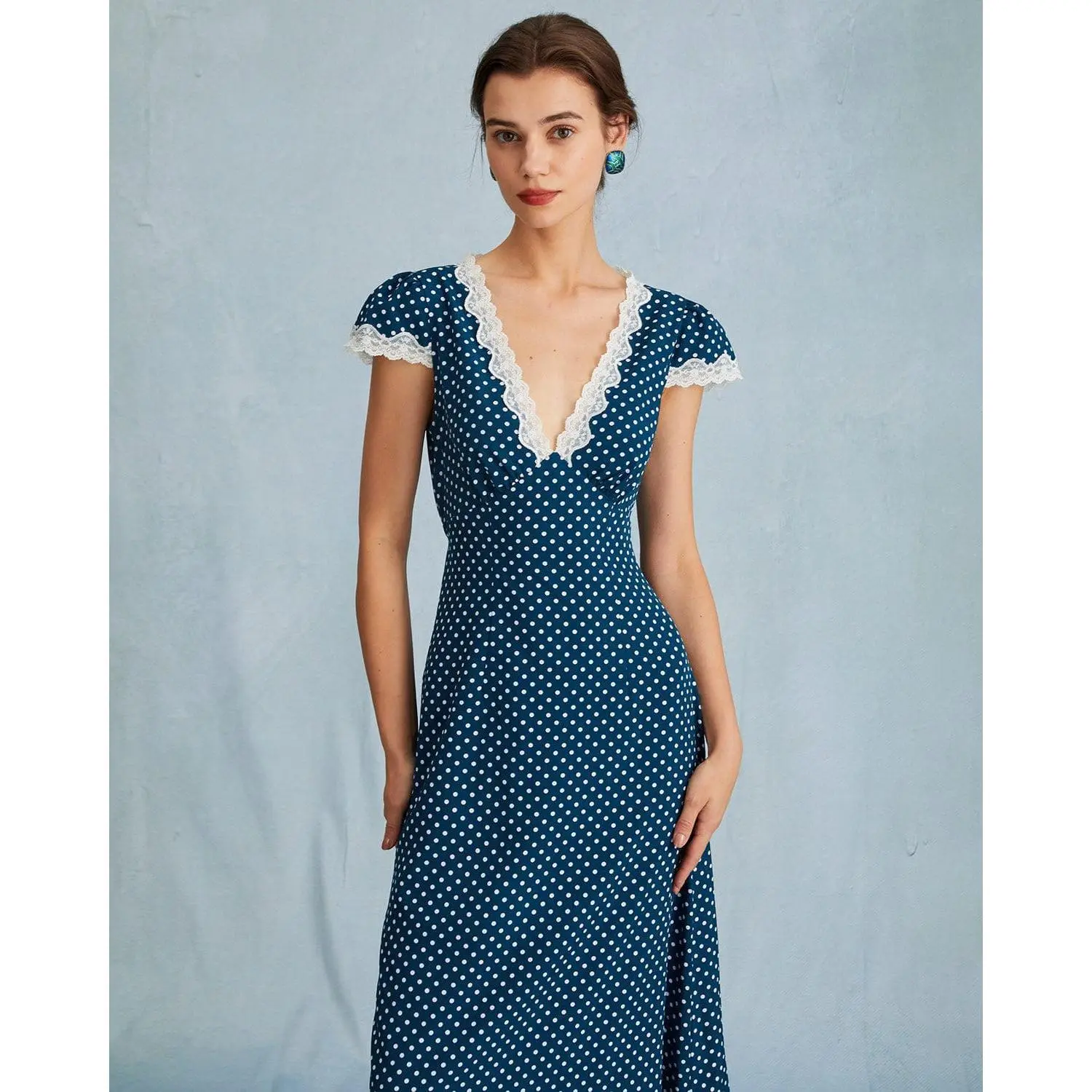 rihoas Women's Navy V-Neck Polka Dot Lace Ruched High-Waisted Polyester  Sleeve Formal Maxi Dress for Ladies - TikTok Shop
