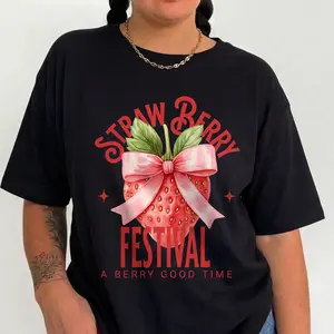Plus Size Strawberry Shirt Coquette Graphic Tee Women Strawberry Festival Pink Bow Cute Summer Aesthetic Relaxed Fit Sweet Top S-6XL