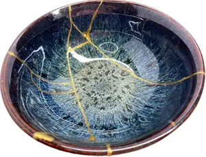 Sapphire Ceramic Bowl - Handcrafted Kintsugi-Style Pottery, Wabi-Sabi Decorative Art Bowl (D18H7.5)