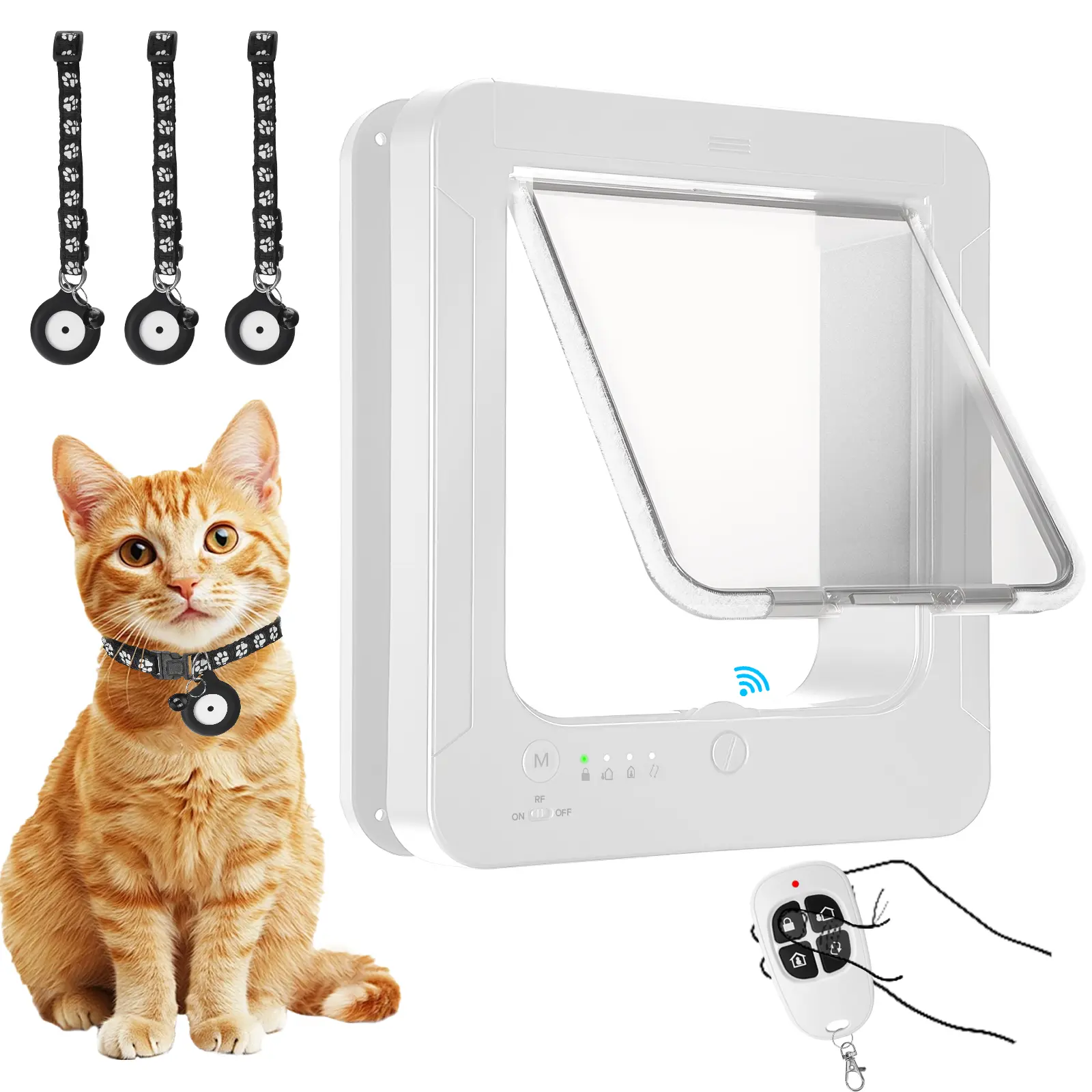 Smart Cat Door with 3 Collar Sensor, RFID Cat Door Collar Activated with Remote Control, 4 Way Locking Cat Flap Automatic Pet Door