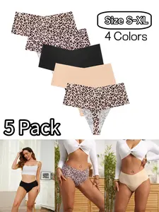Fashion Leopard Print High Waist Women's Thongs, V-Cut Comfortable Underwear, Seamless Daily Wear, All Seasons, 5 Pack