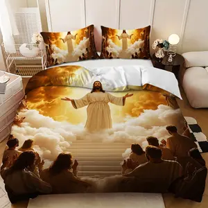 Bedding 3-piece set - 3PCS,Spring Joy Jesus Clouds Design Down Comforter Set (1 comforter cover + 2 pillowcases, filling not included) -soft and comfortable, suitable for family bedrooms.
