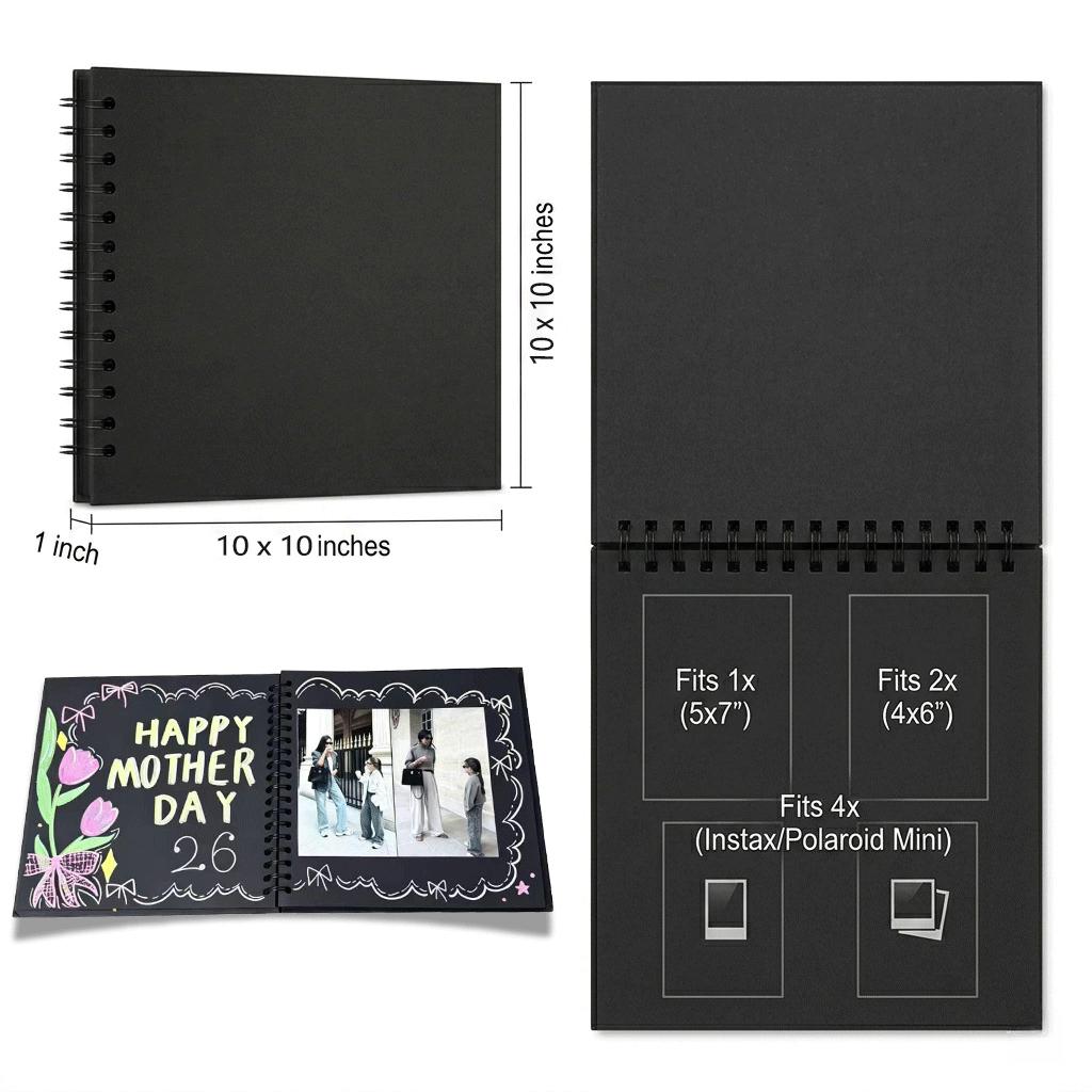 DIY Scrapbook Album 10x10 Inch, 40 Blank Black Pages Hardcover Memory Book, Spiral Bound Photo Album Scrapbook for Wedding, Baby Shower, Anniversary, Travel Journal, DIY Craft Gift for Couples Family & Friends