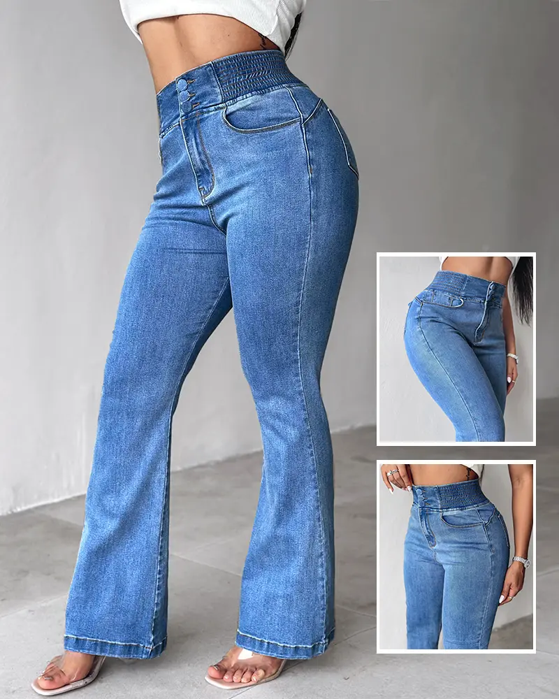CHICME 2026 Women's Back Shirred Button Front Jeans High Waist Pants with Pockets/High Waist Button Front Shirred Jeans