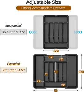 Extra Large Expandable Silverware Organizer, BPA-Free Food-Safe Cutlery Flatware Organizer, Kitchen Utensil Drawer Organizer, Adjustable Silverware Holder for Spoons Forks Knives, Black