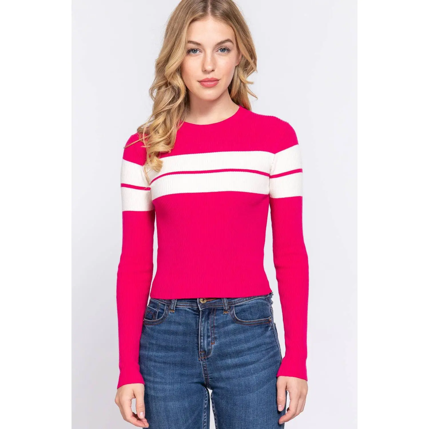 Long Slv Stripe Rib Sweater