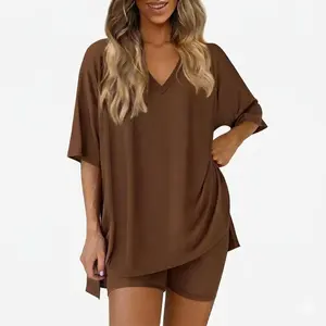 Women's 2 Piece Lounge Sets Oversized V Neck Short Sleeve T-Shirt and High Waist Biker Shorts Sweatsuits Outfits
