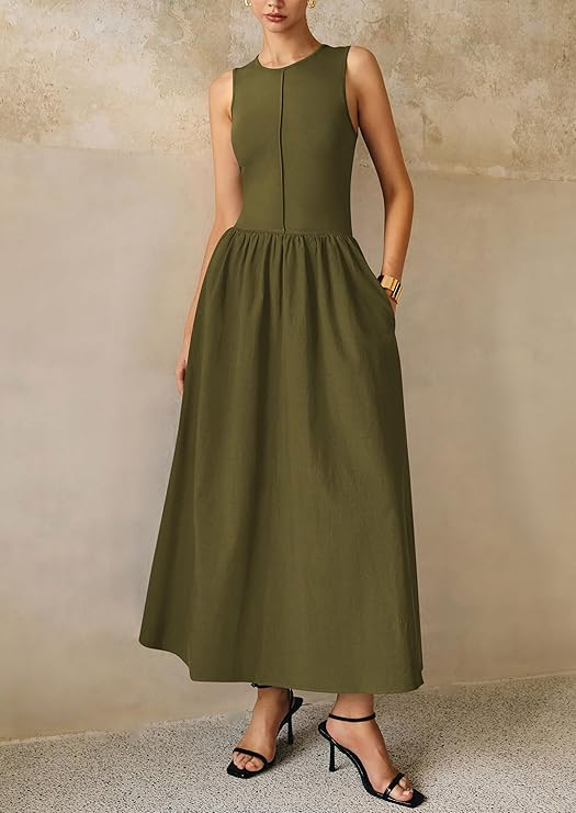 PrettyGarden Maxi Dresses for Women Summer Casual Sleeveless Patchwork Flowy Vacation Sundress Knit Long Work Tank Dress