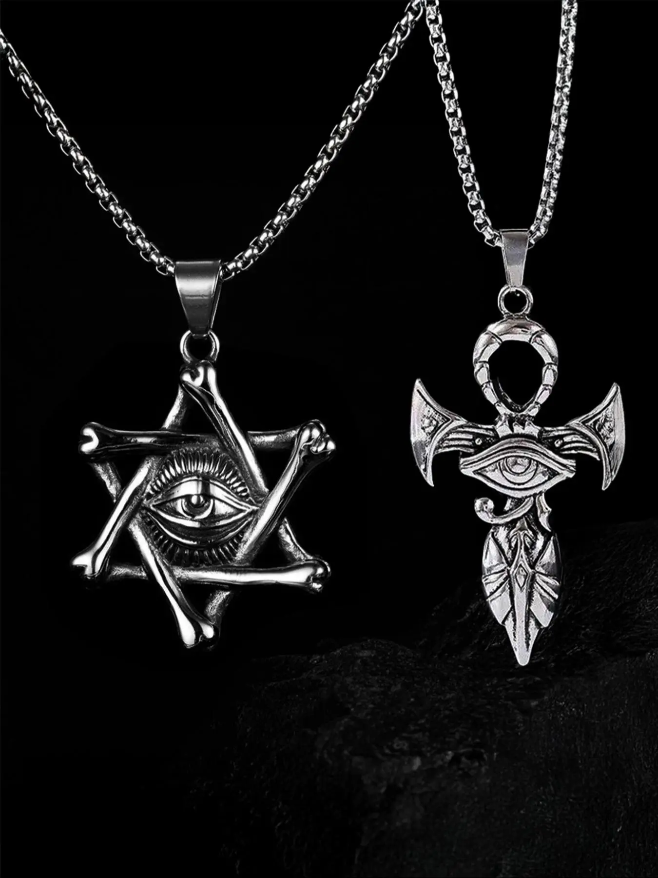 Punk Style Skull & Eye Design Pendant Necklace & Bone Hexagon Pendant Necklace, Fashion Jewelry for Party, Daily Clothing Decor, Trendy Exquisite Jewelry for Gift