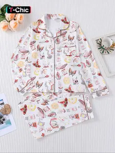 Women's Cartoon Print Sleepwear Set, Long Sleeve Open Front Top & Elastic Pants, Casual Fall Winter Pajamas, Halloween Party Wear