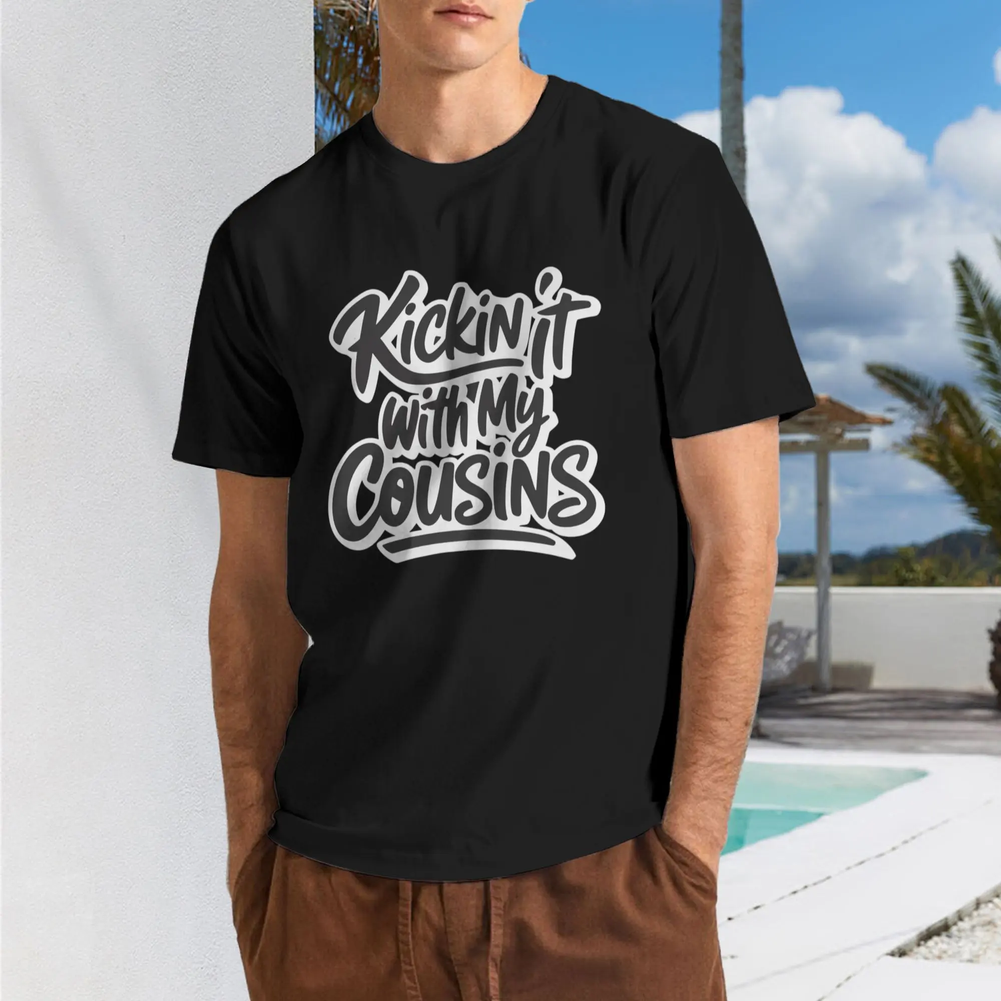 Men's Funny Cousins Matching Short-Sleeve T-Shirt, Kickin' It with My Cousins Slogan, Black Artistic Sun & Moon Retro Style Round Neck, Machine Washable Menswear Top for Casual Sportswear, Tops, Shortsleeve