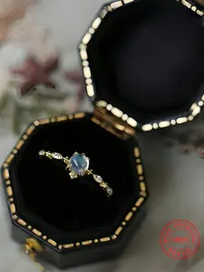 925 Sterling Silver Fashion Blue Moonstone Decorated Cuff Ring, Statement Ring, Vintage Adjustable Ring for Women, Casual Jewelry for Party, Daily Decor, Trendy for Gift