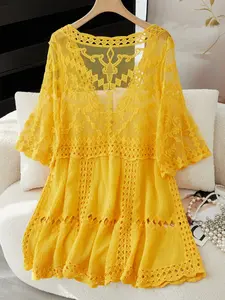 Fashion V Neck Lace Embroidered Sun Protection Swimsuit Cover-Up, Sexy Bikini Swimwear for Women, Beach Hoodie, Casual Style, Swimsuit Cover Ups