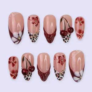 30pcs Almond Nail Tips, Glossy French Leopard Print, Cherry Design, Medium Length, No Flammable Liquid, Includes Jelly Glue & File, Flower Design Nails
