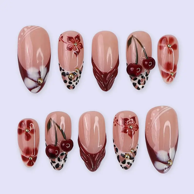 30pcs Almond Nail Tips, Glossy French Leopard Print, Cherry Design, Medium Length, No Flammable Liquid, Includes Jelly Glue & File, Flower Design Nails