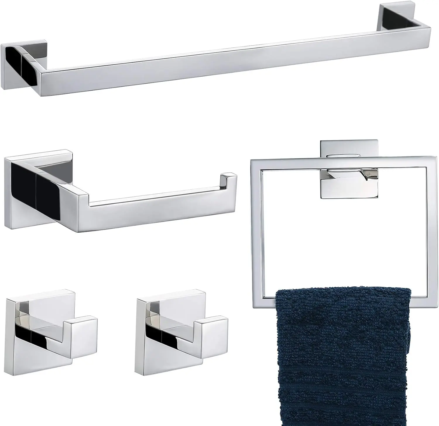 Bathroom Hardware Accessories Set Polished Chrome Towel Bar Sets Include Towel Bar Towel Holder Toilet Paper Holder Towel Hook,5 Pieces Stainless Steel Wall Mounted
