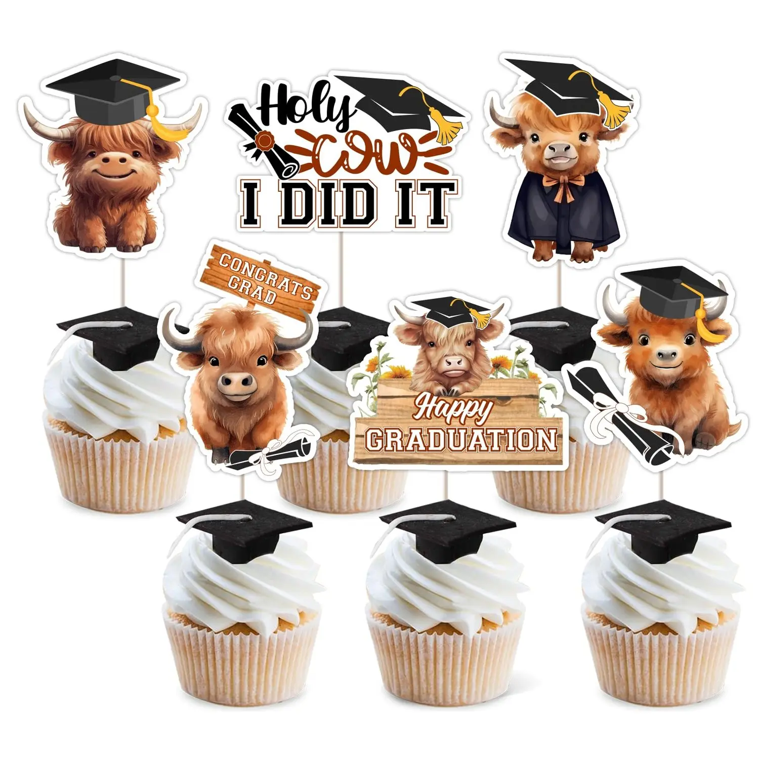 24 Pcs Highland Cow Graduation Cupcake Toppers  Brown Holy Cow I Graduated Decorations Double Sided Farm Animal Cow Themed Graduation Cake Decor for Class of 2026 Congrats Grad Party
