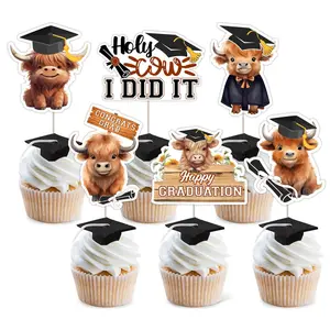 24 Pcs Highland Cow Graduation Cupcake Toppers  Brown Holy Cow I Graduated Decorations Double Sided Farm Animal Cow Themed Graduation Cake Decor for Class of 2026 Congrats Grad Party