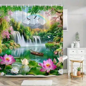 1pc Landscape Shower Curtain Beautiful Rivers, Mountains, Waterfalls, Rainbow Lakes Lotus Blossoms Pine Blossoms River Natural Landscape Home Bathroom Shower Curtain Shower Screen Curtain Bathtub Partition Curtain with Hooks Bathroom Decoration