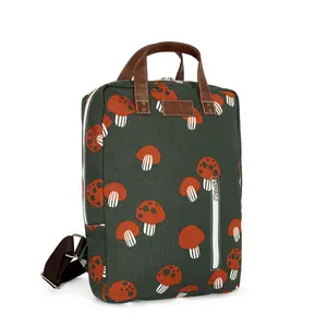 Mendocino Laptop Backpack - Dark green with Red Mushroom Pattern, Durable Design, Ideal for Travel and Office Use
