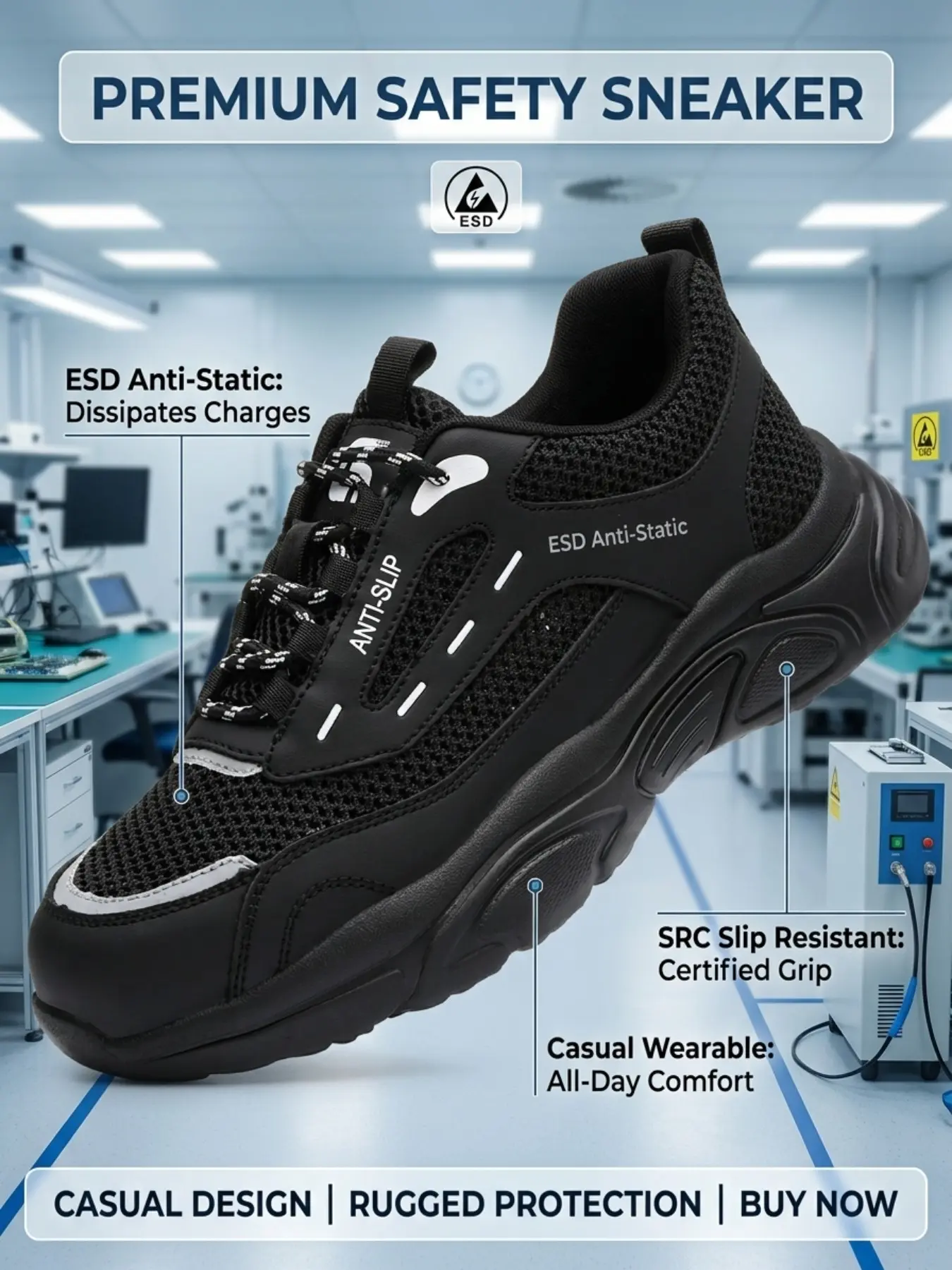 Guyisa Safety Shoes Anti-Static Non-Slip, Casual Style, Low Top, Comfortable Men's Shoes, Summer New Model, Electronic Factory Use