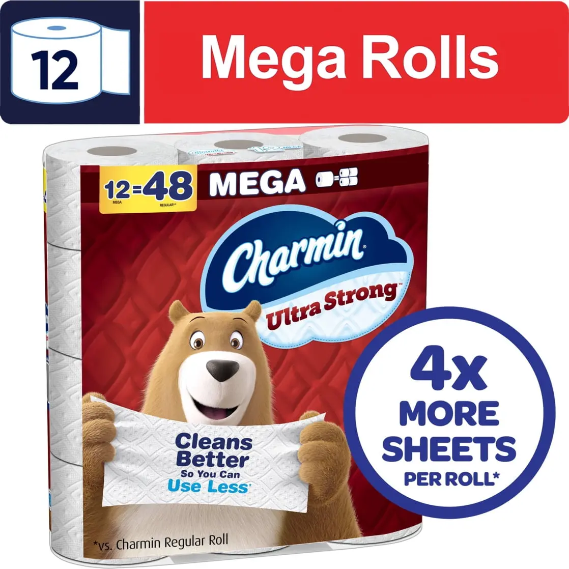 Charmin Ultra Strong Toilet Paper Bulk Pack, 12 Mega Rolls Bathroom Tissue Packs, 220 Per Roll Bath Tissue for Restroom Personal Hygiene, Bulk Toilet Paper