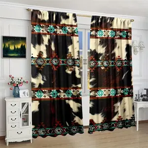 Boho Aztec Cowhide Curtains Set, Semi-Transparent Light Blocking Drapes, Home Decoration Curtain, 100% Polyester, Classic Country Style Decor