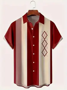 Men's Casual Short Sleeve Loose Fit Button Front Shirt, Vintage Geometric Design, Chest Pocket, Menswear, Perfect for Summer Vacation and Gifts