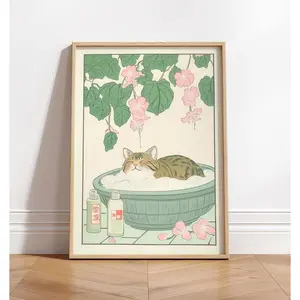 Frameless art poster, Tabby Cat in Bathtub, Japanese bathroom decor, Japanese art print, aesthetic wall art, neutral minimalist poster letterpress Box Water Proof. Wood. Unframed Style Kitchen Paintings