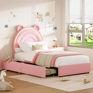 Upholstered Kids Bed Frame with Storage Drawers, Princess Style Platform Bed with LED Headboard