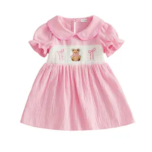 Toddler Girl Summer Dress Bear Embroidery Doll Collar Ruffle Sleeve Smocked A-Line Dress Infant Baby Girl Casual Clothes