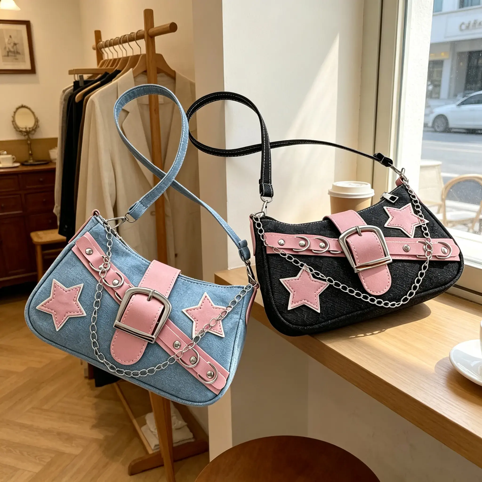 New Korean version armpit bag for women in spring, stylish and contrasting single shoulder bag, casual and personalized chain denim women's bag