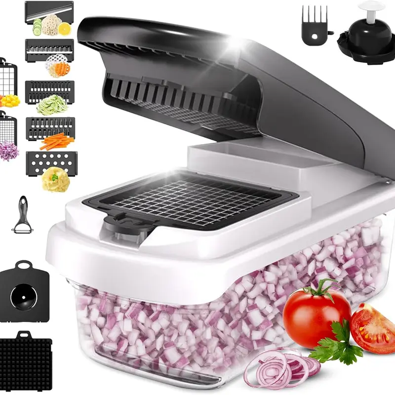 15-in-1 Rust-Resist Steel Veggie Chopper Utensils Set, 7-Blade Detachable Cutter, Built-in Large Capacity Cut+Collect Bin, Compact Slicer Dicer Mandoline, Handles, Finger Guard, Effortless Cleaning & Maintenance (White/Black)
