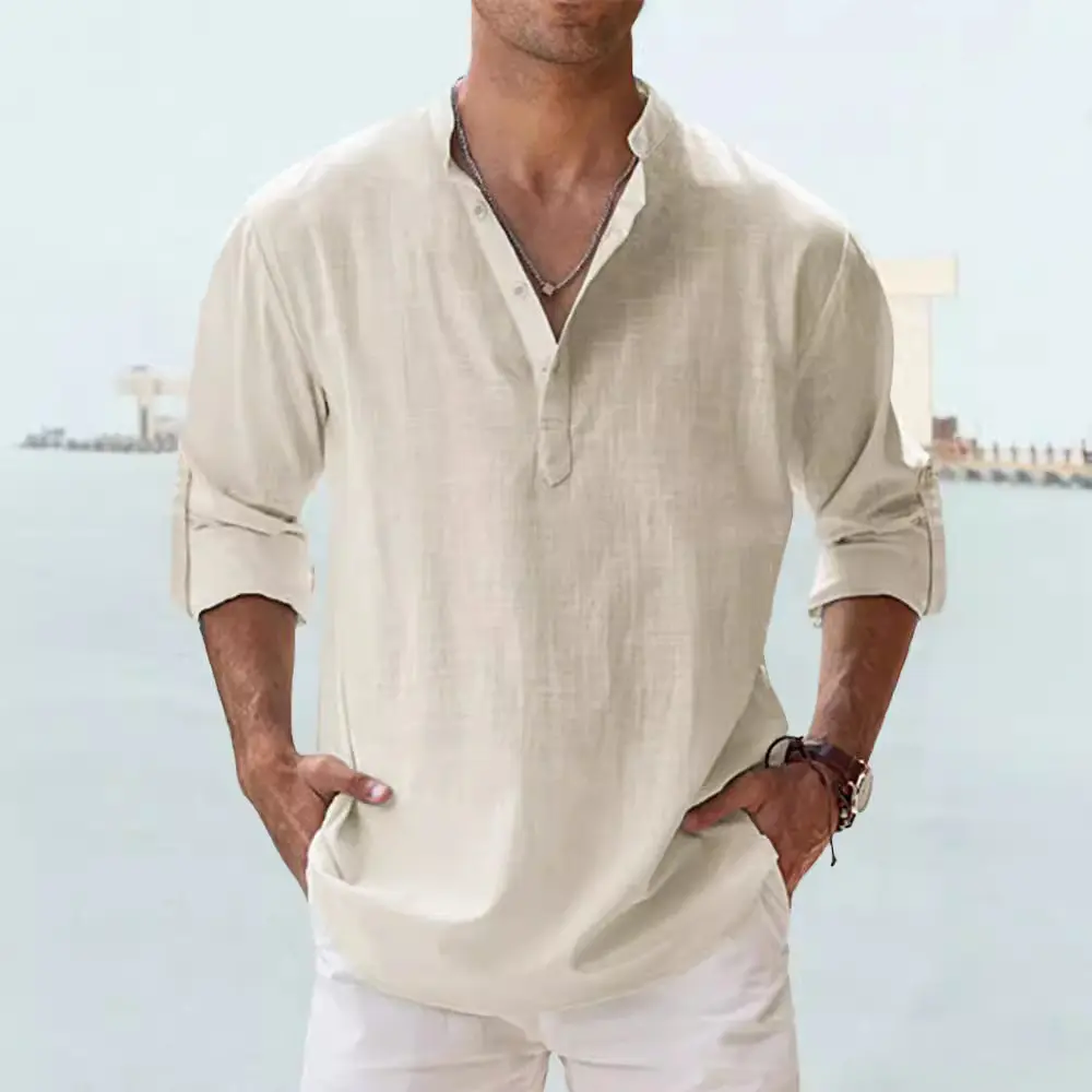 Men's Cotton Linen Shirt, Casual Loose-Fit Long Sleeve Pullover with Stand Collar and Lace-Up Knot, Plus Size up to 3XL, Multi-Size, Menswear, Plain