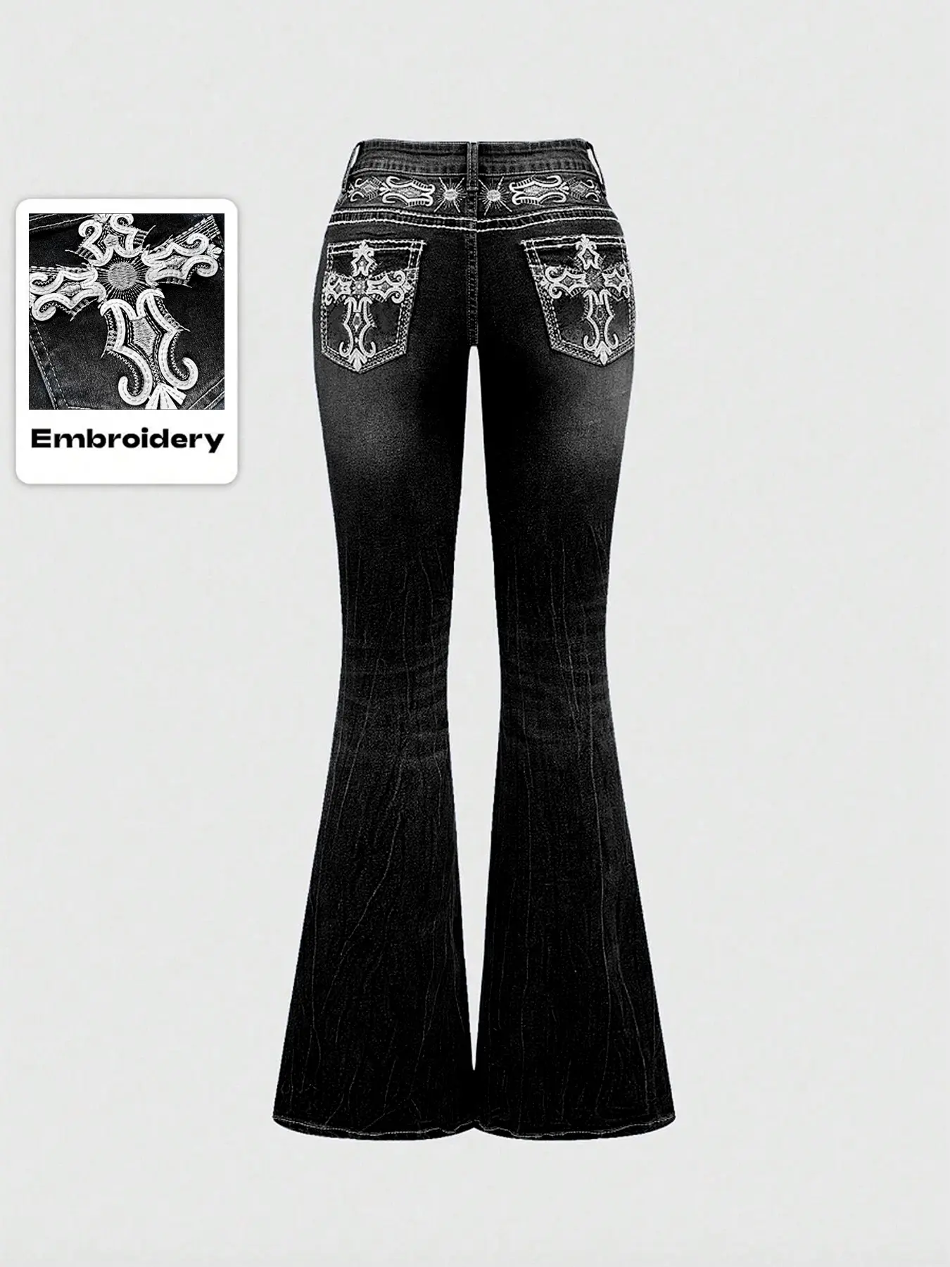 Grunge Punk Y2K Retro Poket Cross Wings Embroidered Flare Leg