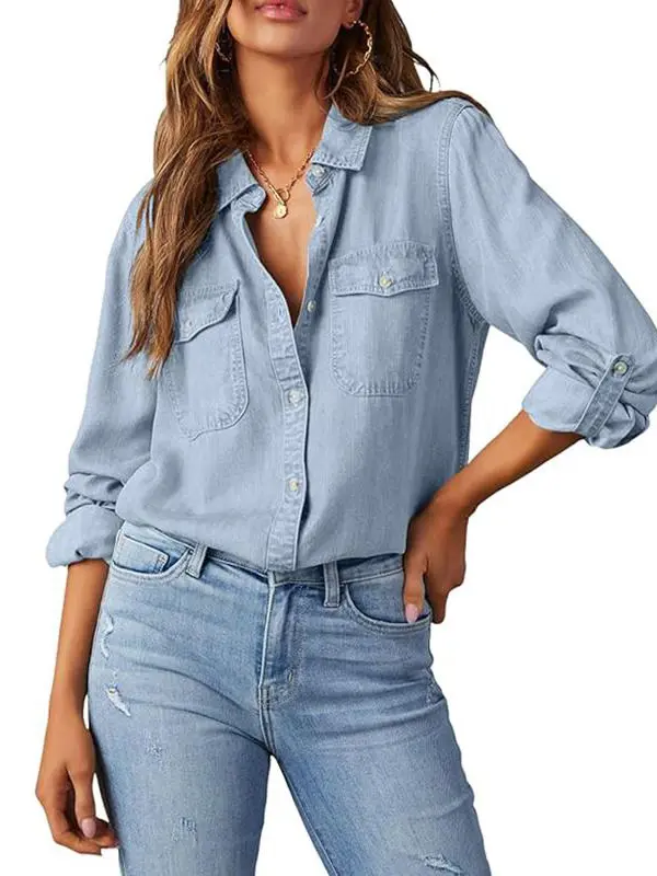Women Light Wash Tencel Denim Shirt Roll Tab Long Sleeve Button Down Blouse With Pockets Casual Loose Fit Vintage Jean Shirts Streetwear
