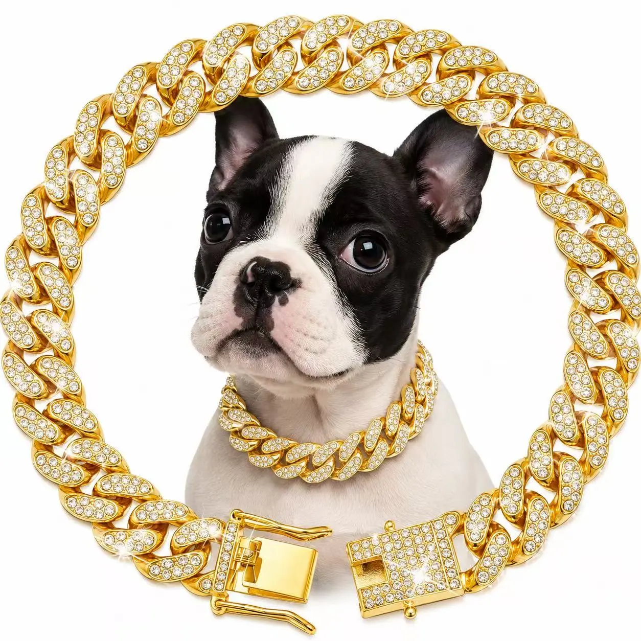Rhinestone Cuban Chain Pet Collar - Luxury Bling Alloy Crystal Accessory, Adjustable for Small to Large Dogs & Cats