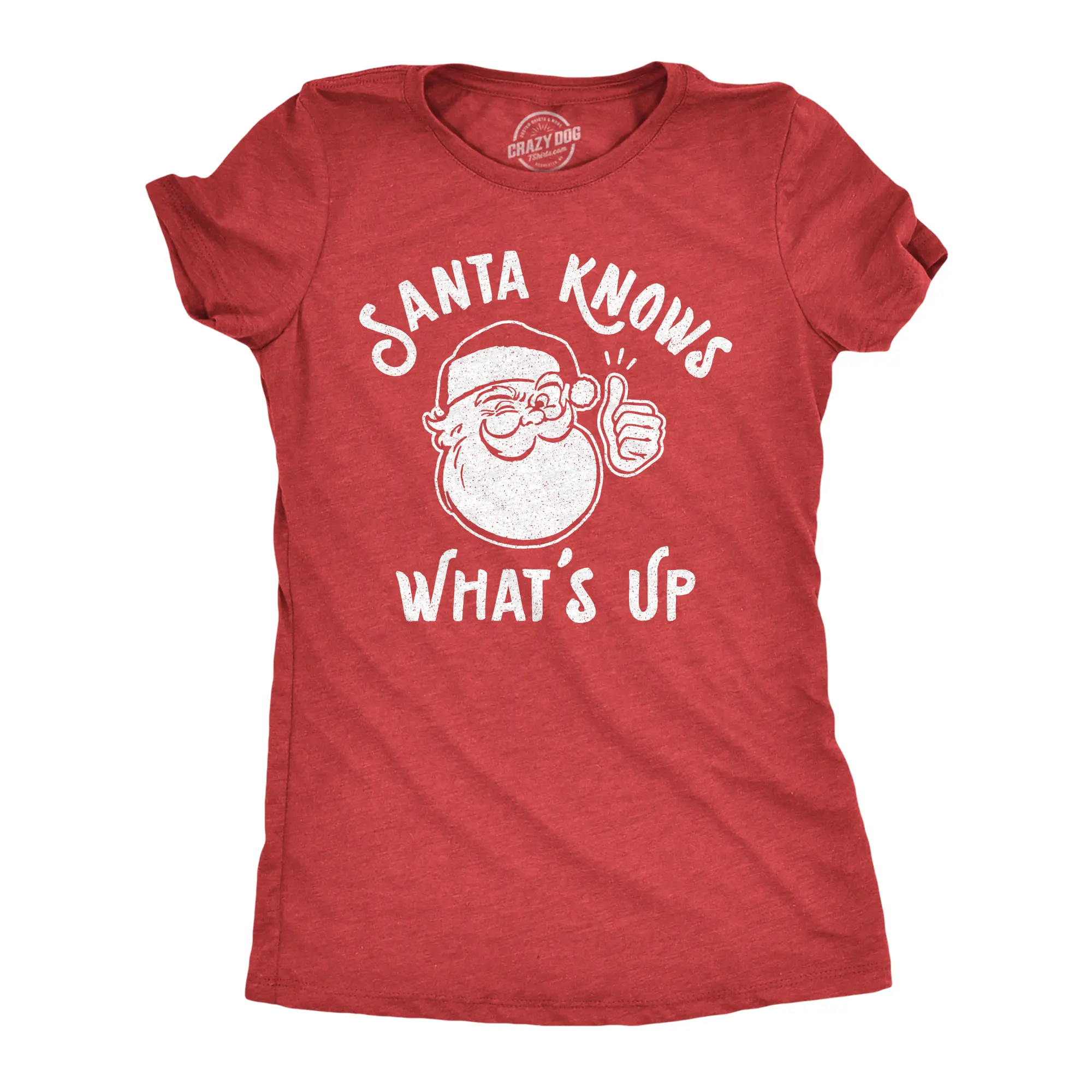 Womens Santa Knows What's Up T Shirt Funny Christmas Party Graphic Tee Funny Womens T Shirts Cute Vintage Fashion Casual Ladies T-Shirt Gift Christmas Tops for Women Women's Novelty Tees Red