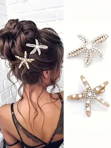 2pcs Sweet Faux Pearl Starfish Hair Clips Set, Wedding, Date, Vacation, Daily Wear, Boho Style, Ideal Gift for Beach Lovers and Bridesmaids