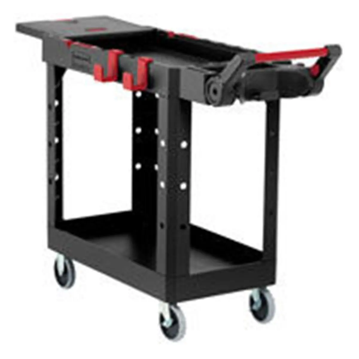 Rubbermaid RCP1997206 Sturdy Heavy-Duty Adaptable Small Utility Trolley - Black, Adjustable Shelf Organiser, Garage Tool Storage, 36.5 lbs Capacity, Snap-In Hooks, Cup Holder, Upper Shelf Rim Slots, Freestanding Cart, Utility Cart