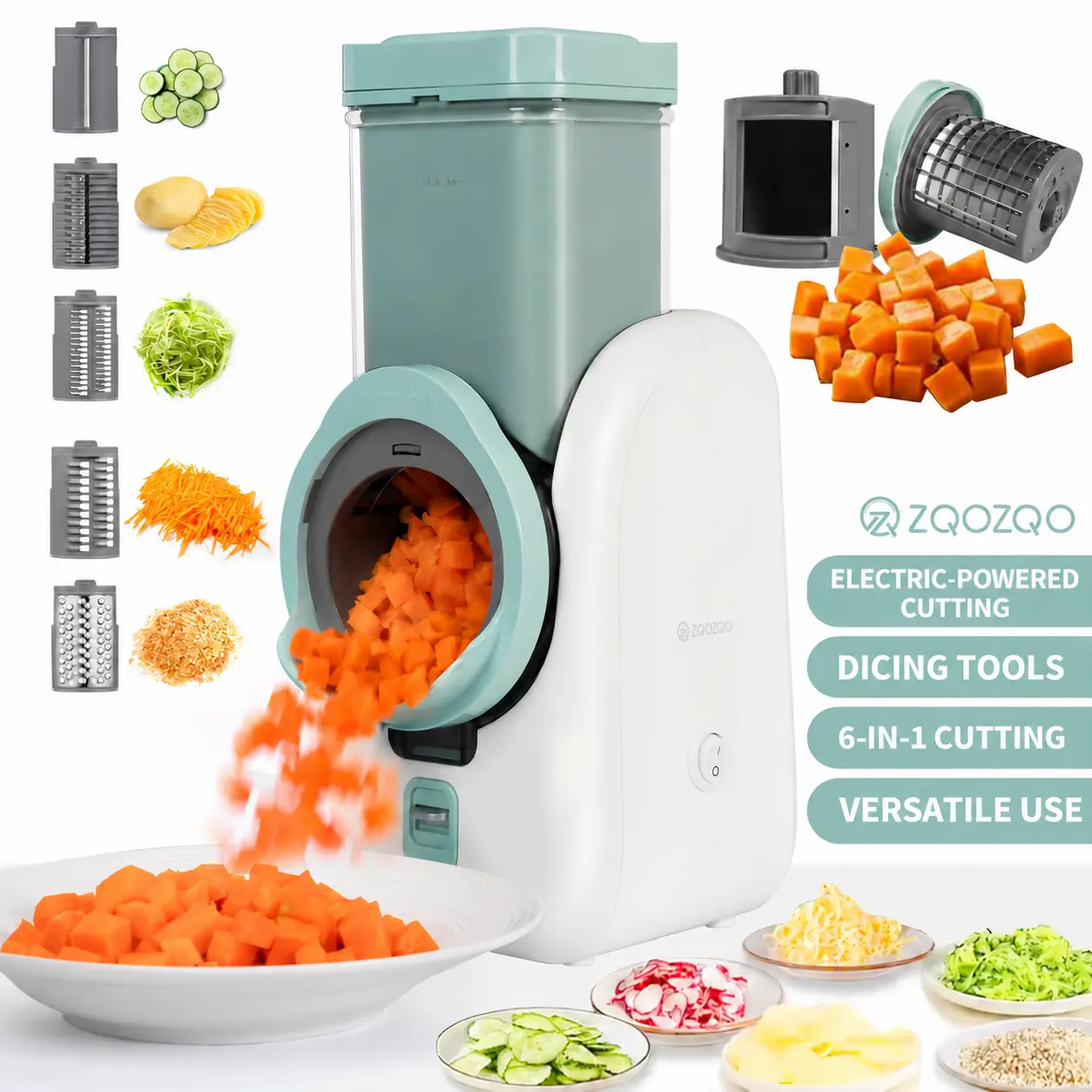 ZQOZQO Stainless Steel Electric Vegetable Cutting Slicer Kitchen Gadget Utensils - 6-Blade Dicer, 8-Rotary Cheese Grater, Double Safety Lock, Washable Parts, Multi-Blade Set for Moms, Quick Meal Prep