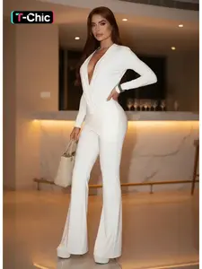 Women Spring Autumn Long Sleeve V Neck Bodycon Fitted Jumpsuit, Overall One Piece Outfit, Casual Comfy Jumpsuit