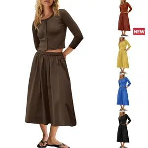 Tanming Springfresh Women's 2 Piece Skirt Sets 3/4 Sleeve Knit Cardigan Elastic Waist Midi Skirt Outfits Casual Matching Dress Set Black Womenswear Clothes Ribbed Suits