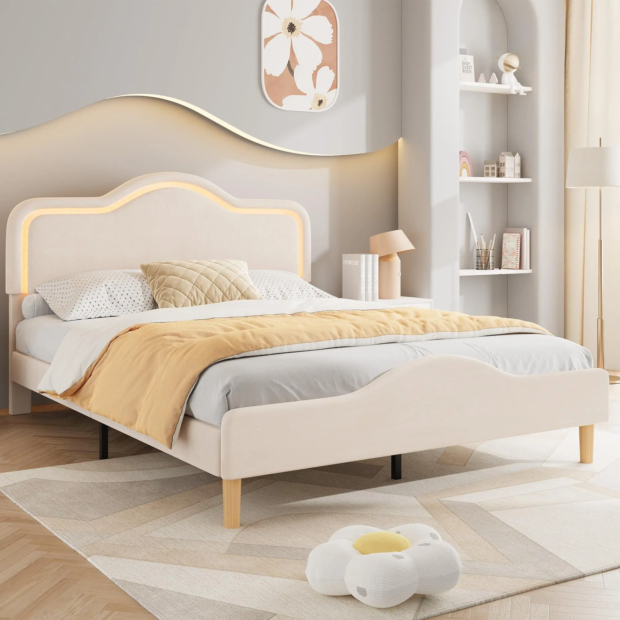 Queen Size Velvet Upholstered LED Bed Frame with Adjustable Headboard, Footboard, Wooden Slats - No Box Spring, Easy Assembly, Princess Platform Bed for Girls, Beige, Led Lights