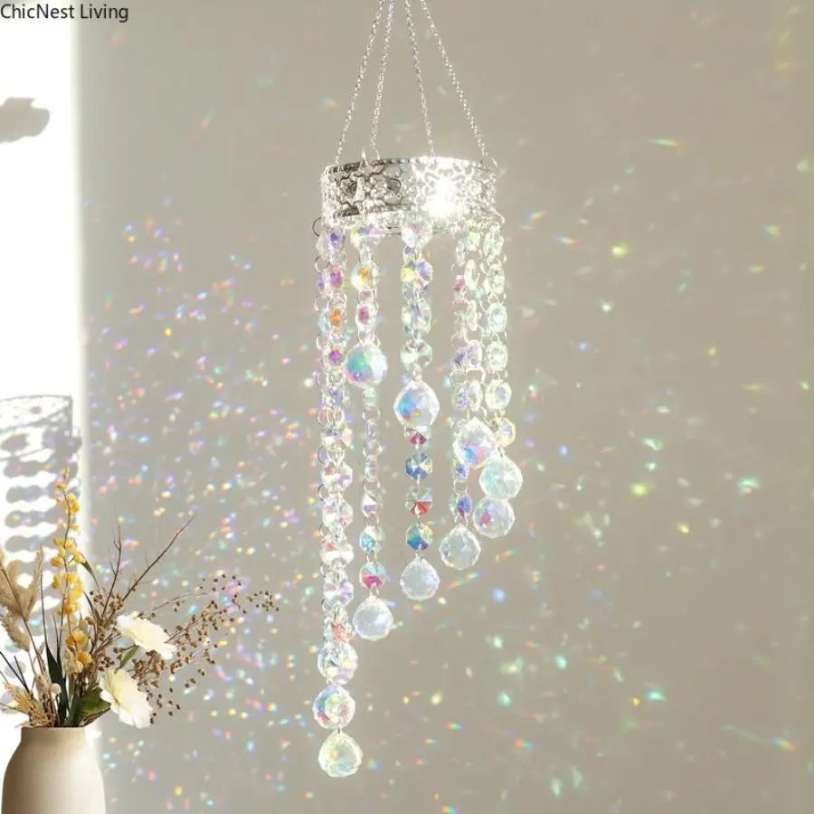 Handmade Crown Crystal Sun Catcher Prism Wind Chime - Rainbow Maker, Hangable Contemporary-Elegant Decoration, Window Bedroom Costume Jewelry Set Gift for Home Decor Enthusiasts