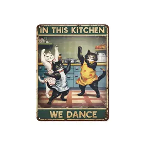 Vintage Funny Cat Kitchen Slogan Pattern Sign, in This Kitchen We Dance Vintage Poster, Decorative Wall Plaque for Home Kitchen Living Room Restaurant