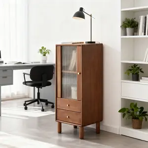 (Coffee color) Storage Cabinet for Living Room - Free-Standing Corner Cabinets Storage Table with Vintage Glass Door,2 Shelves,2 Drawers & Brass Handle for Entryway Kitchen Hallway TV Stand, 37.4"H