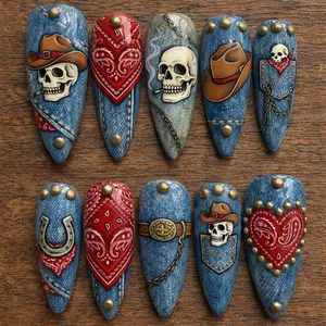Denim Cowboy Skull Red Bandana Press on Nail, Gothic Western Cowboy Denim Nails