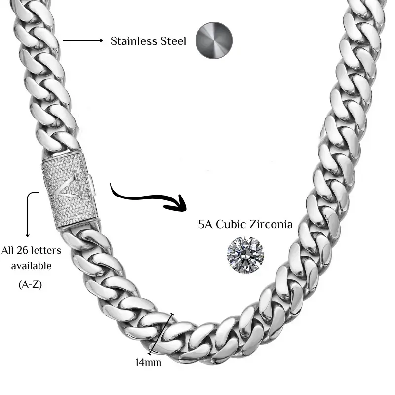 14MM Stainless Steel Silver Cuban Link Chain Necklace for Men, A-Z Initial Letter Pendant, Tarnish-Resistant Waterproof Hip Hop Fashion Costume Jewelry Gift, Initial Necklaces, Cuban Necklace Necklaces