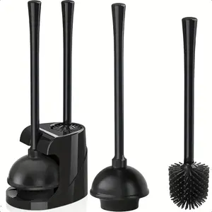 2-in-1 Toilet Brush and Long-Handle Plunger Set - Dual Functionality, Rotating Head, Durable Black Plastic, Freestanding Bathroom Cleaning Tool Kit, Bathroom Accessories, Toilet Accessories